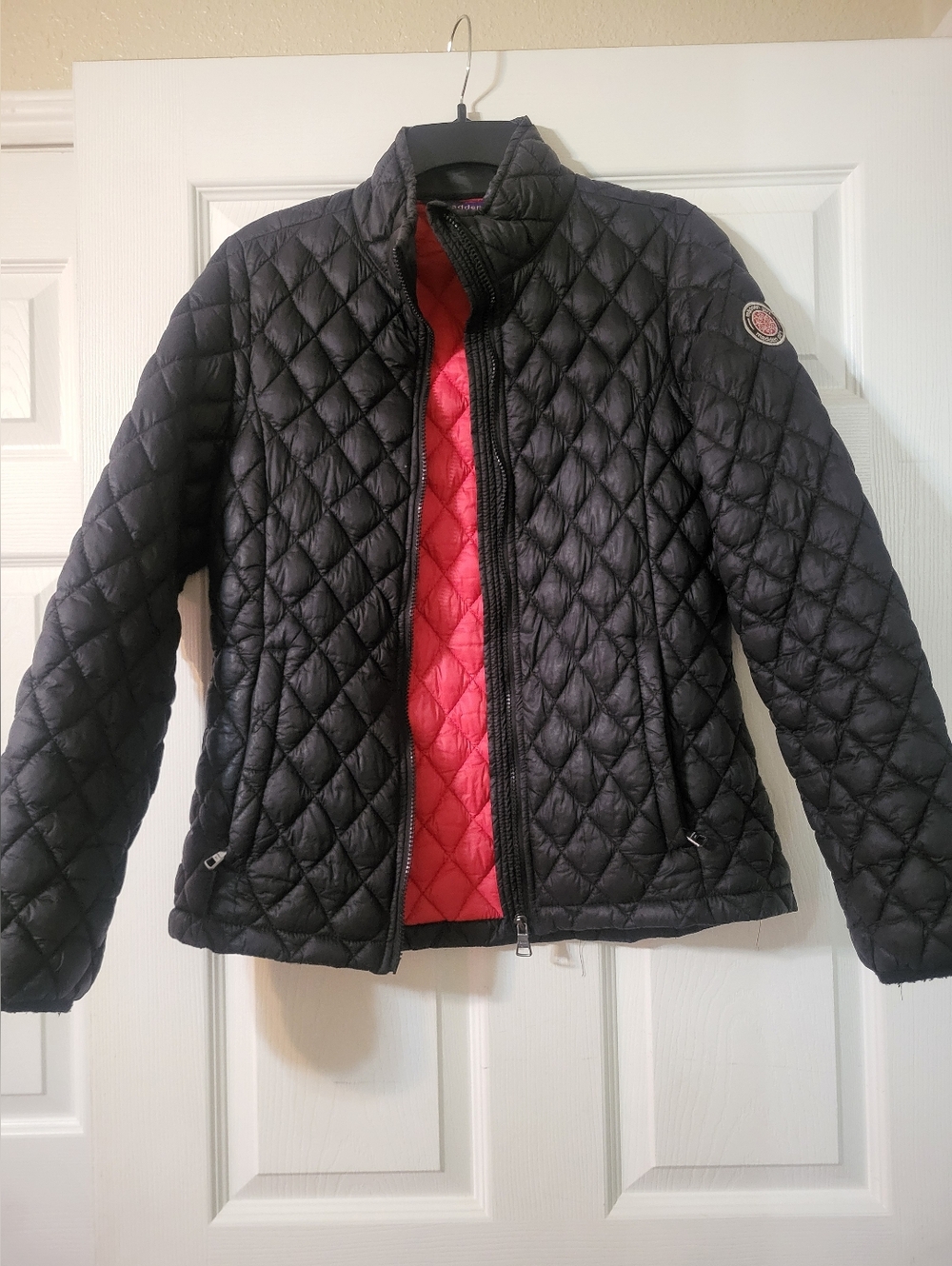 Black Quilted Puffer Jacket with Red Liner. Madden Girl, Medium
